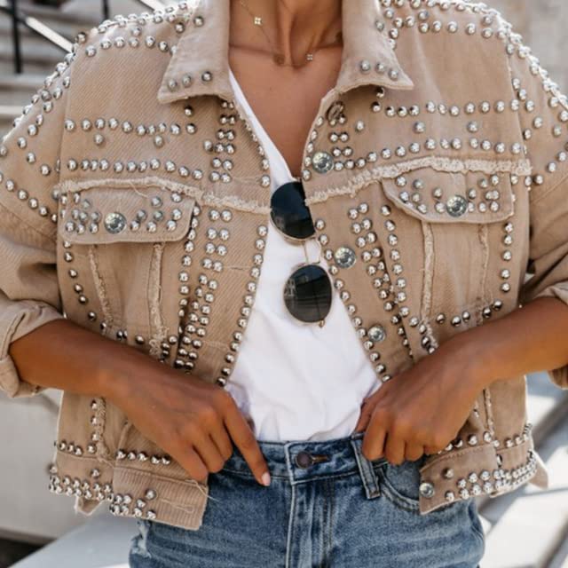 Omoone Women's Rivet Studded Denim Jacket - Khaki