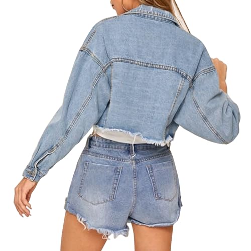 Womens Distressed Cropped Denim Jacket - Light Blue