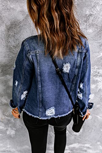 Frayed Hem Women's Blue Denim Jacket with Pockets