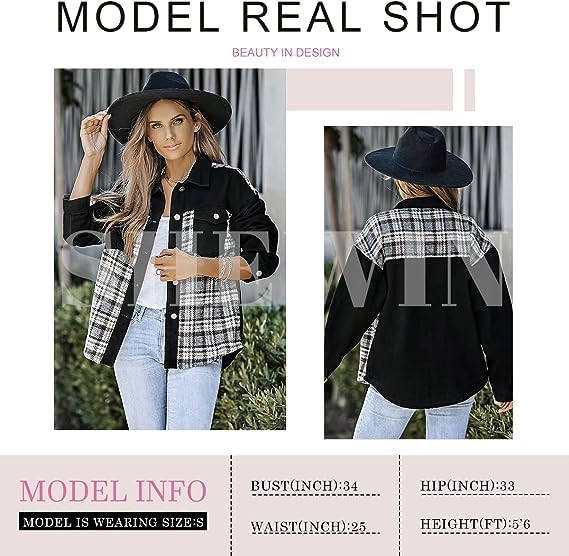 SHEWIN Women's Plaid Flannel Denim Jacket