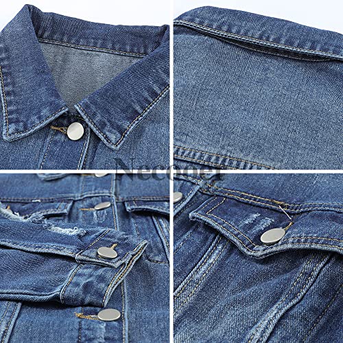 Frayed Hem Women's Blue Denim Jacket with Pockets