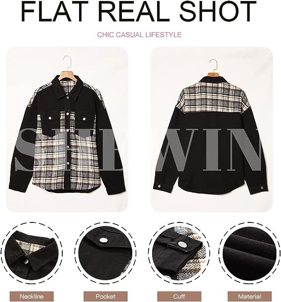 SHEWIN Women's Plaid Flannel Denim Jacket