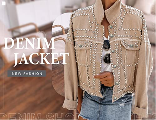 Omoone Women's Rivet Studded Denim Jacket - Khaki