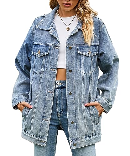 Women’s Oversized Distressed Denim Jacket with Pockets