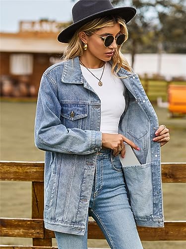 Women’s Oversized Distressed Denim Jacket with Pockets