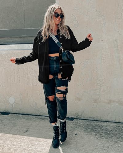 Luvamia Oversized Black Denim Jacket for Women