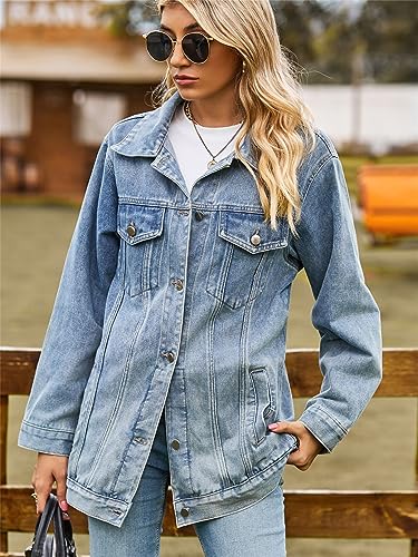 Women’s Oversized Distressed Denim Jacket with Pockets