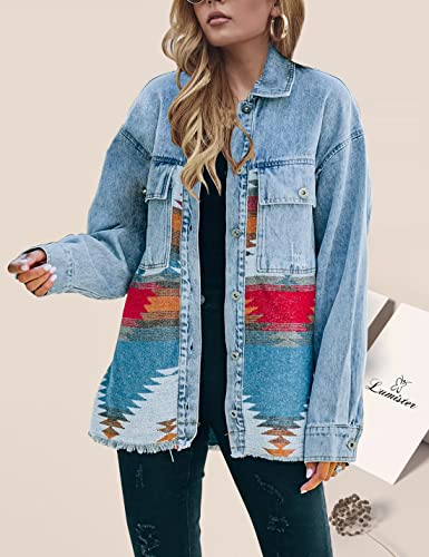 Lumister Vintage Distressed Aztec Denim Jacket