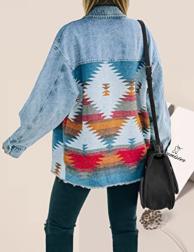 Lumister Vintage Distressed Aztec Denim Jacket