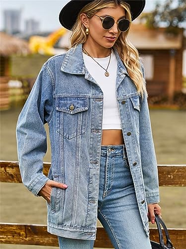 Women’s Oversized Distressed Denim Jacket with Pockets