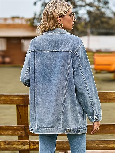Women’s Oversized Distressed Denim Jacket with Pockets