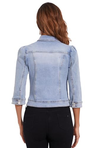 Cropped Distressed Denim Jacket with Puff Sleeves