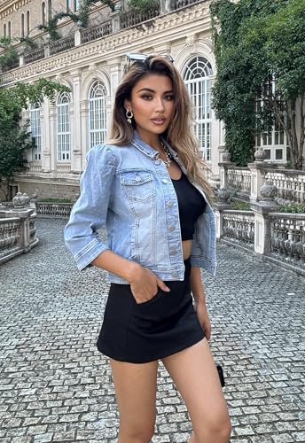 Cropped Distressed Denim Jacket with Puff Sleeves