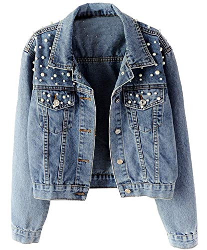 Oversized Denim Jacket with Pearl Embroidery for Women