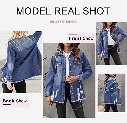 Oversized Frayed Denim Jean Jacket for Women