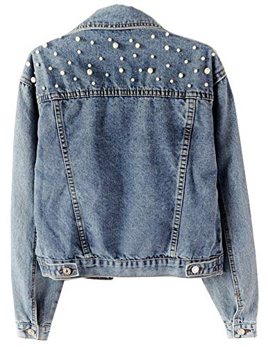 Oversized Denim Jacket with Pearl Embroidery for Women
