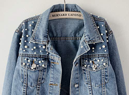 Oversized Denim Jacket with Pearl Embroidery for Women