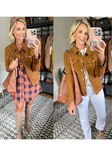 Luvamia Women's Classic Brown Long Sleeve Trucker Jacket