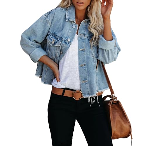 Light Blue Cropped Frayed Denim Jacket for Women