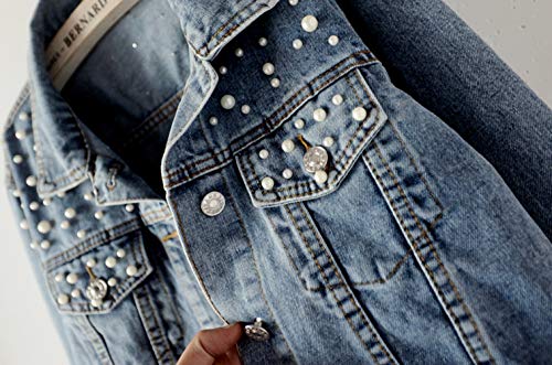 Oversized Denim Jacket with Pearl Embroidery for Women