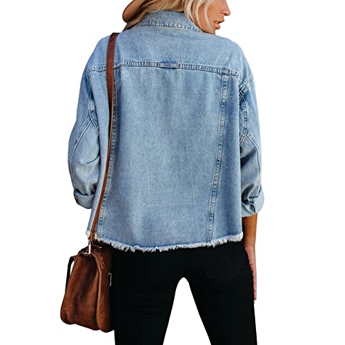 Light Blue Cropped Frayed Denim Jacket for Women