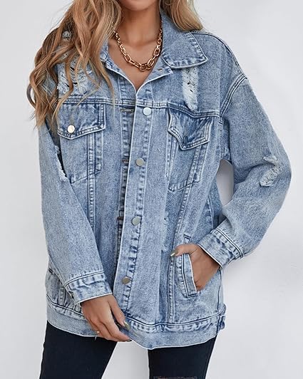 Women's Oversized Ripped Denim Jacket Coat