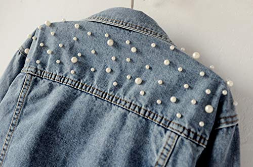 Oversized Denim Jacket with Pearl Embroidery for Women