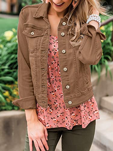 Luvamia Women's Classic Brown Long Sleeve Trucker Jacket