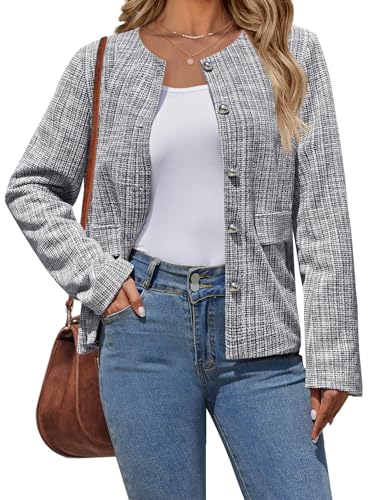MEROKEETY Women's Fall Tweed Blazer Jacket - Black