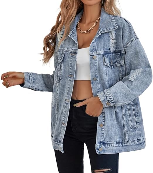 Women's Oversized Ripped Denim Jacket Coat
