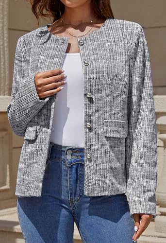 MEROKEETY Women's Fall Tweed Blazer Jacket - Black