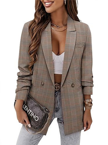Women’s Brown Plaid Casual Blazer Jacket