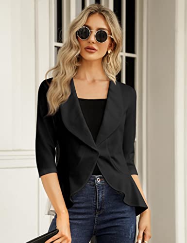 KOJOOIN Women's Ruffle Blazer Cardigan Jacket - Black