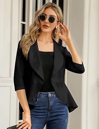 KOJOOIN Women's Ruffle Blazer Cardigan Jacket - Black