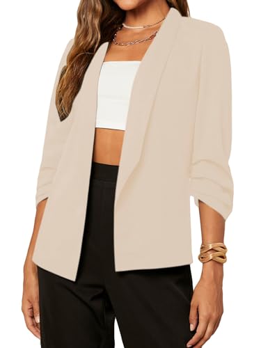 Khaki 3/4 Sleeve Shawl Collar Blazer for Women