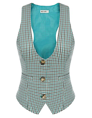 Vintage Teal Plaid Vest Blazer for Women
