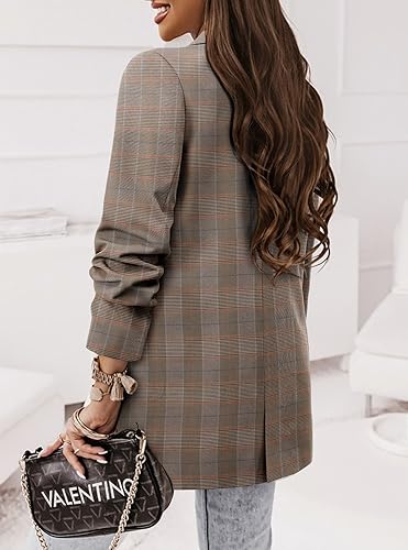 Women’s Brown Plaid Casual Blazer Jacket