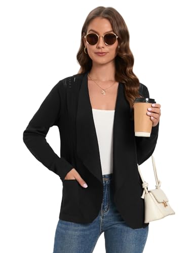 Women's Black Lapel Open Front Blazer Cardigan