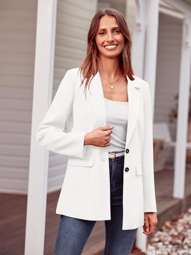 Women's Casual Blazer Jacket with Pockets - White