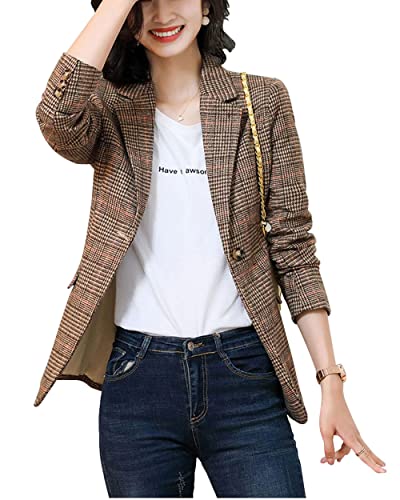 Women's Houndstooth Plaid Boyfriend Blazer Coat