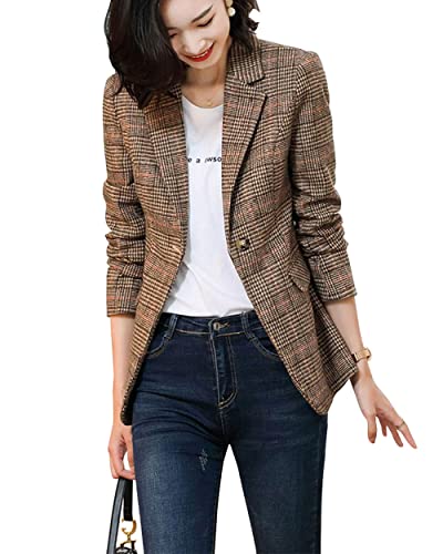 Women's Houndstooth Plaid Boyfriend Blazer Coat