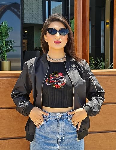 Zeagoo Women's Black Quilted Bomber Jacket, Large