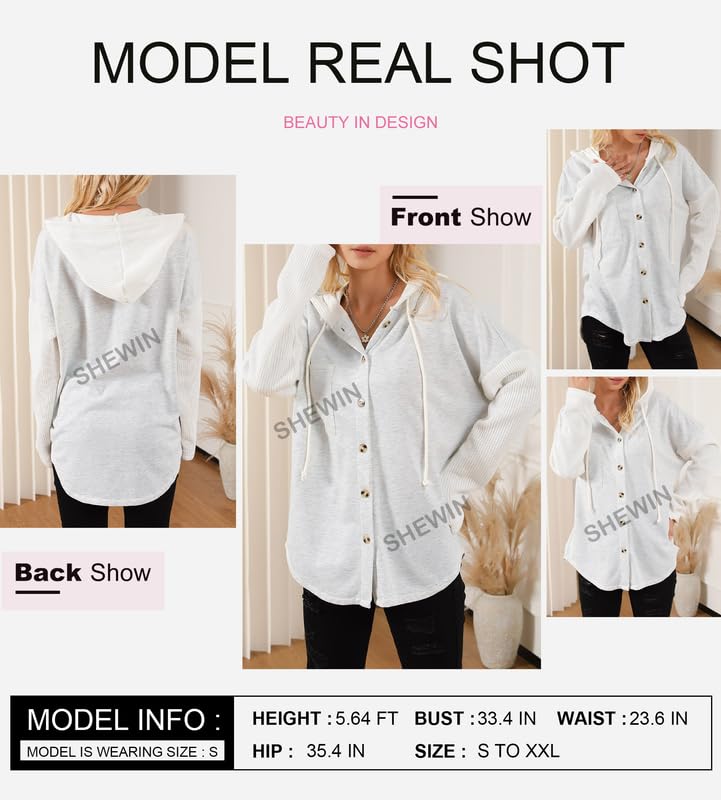 SHEWIN Women's Oversized Hooded Sweatshirt Jacket, Gray