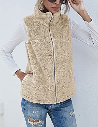 LOMON Women's Lightweight Sherpa Fleece Vest - Khaki