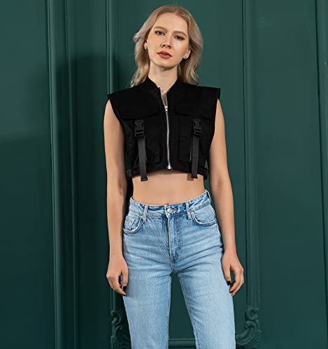 Women's Sleeveless Zip-Up Cargo Crop Vest