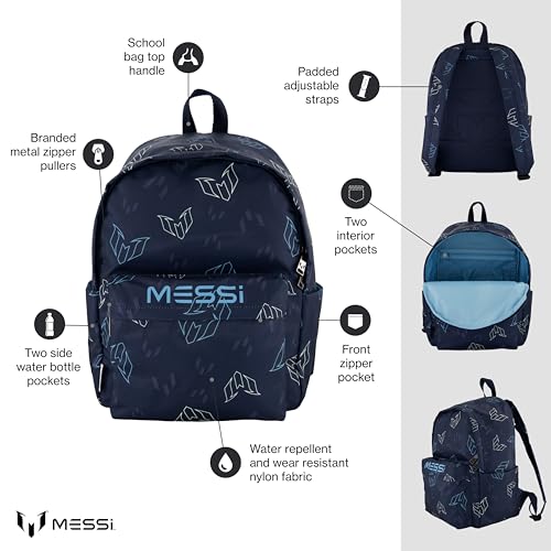 Messi Lifestyle Backpack for Boys & Girls, Bookbag with Pockets & Adjustable Straps, Blue Multi, One Size