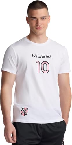 MESSI Men's Lifestyle Short Sleeve T-Shirt, Standard Fit Graphic Tee, Cotton Jersey Knit, Bright White, Large