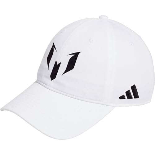 adidas Messi Dad Cap - Embroidered Messi Logo, Cotton Twill, Pre-Curved Brim, Adjustable Back Strap, Absorbing Sweatband (White/Black)