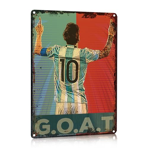 Vintage Style Lionel Messi Metal Tin Sign - G.O.A.T for Sports Bar, Garage & Wall Decor, 8"x12" Decorative for Soccer Fans.