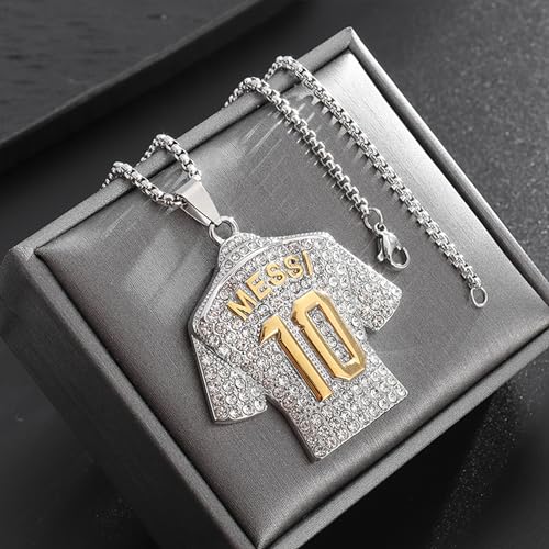 HAILIWEI Messi Jersey Youth Necklace, Number 10 Soccer Jersey Pendant Necklace, Titanium Steel Necklace Pendant,Messi Chain Necklaces Soccer Gifts for Boys Inter Miami Fans (Silver)